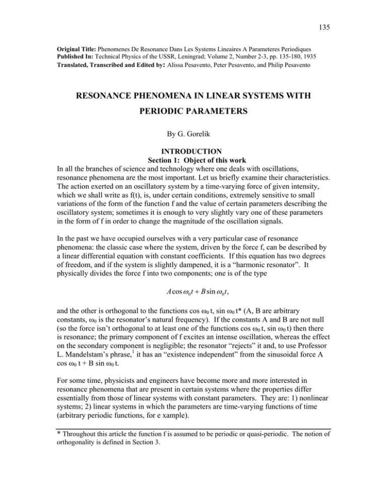Gorelik - Resonance Phenomena in Linear Systems with Periodic Parameters - 1935.pdf Gorelik - Resonance Phenomena in Linear Systems with Periodic Parameters - 1935.pdf