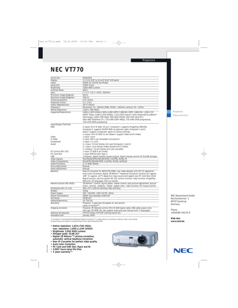 NEC VT770 Projectors NEC VT770 Projectors