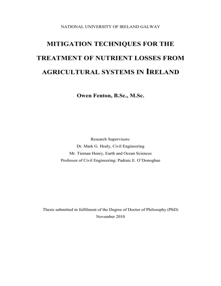 I MITIGATION TECHNIQUES FOR THE TREATMENT OF NUTRIENT LOSSES FROM AGRICULTURAL SYSTEMS IN I MITIGATION TECHNIQUES FOR THE TREATMENT OF NUTRIENT LOSSES FROM AGRICULTURAL SYSTEMS IN