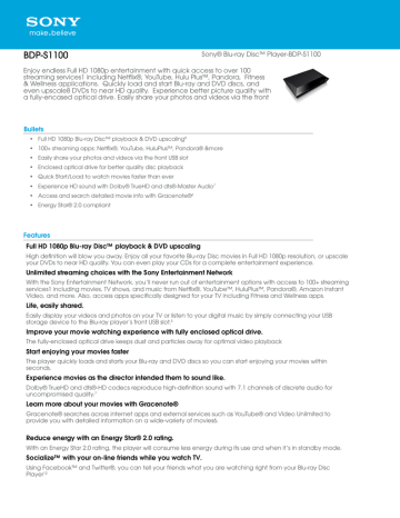 Download Sony BDP-S1100 Specifications PDF Download Sony BDP-S1100 Specifications PDF