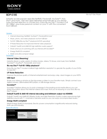 Download Sony BDP-S185 Specifications PDF Download Sony BDP-S185 Specifications PDF
