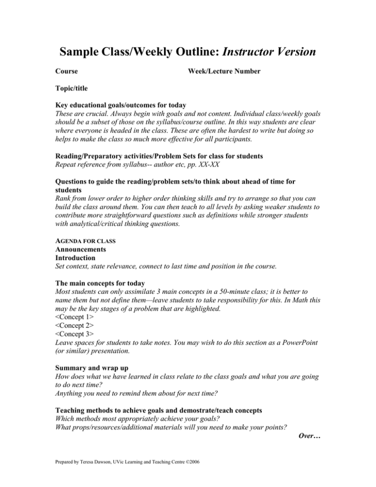 A sample weekly class outline for instructors A sample weekly class outline for instructors