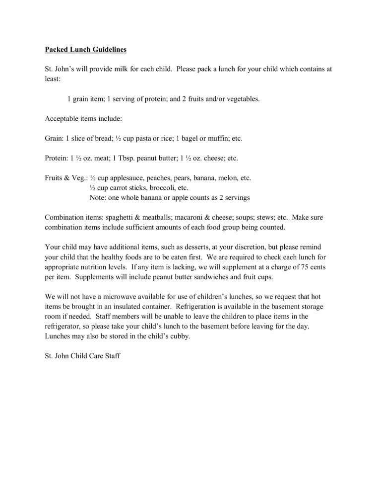 Packed Lunch Guidelines - St. John Lutheran Church Packed Lunch Guidelines - St. John Lutheran Church