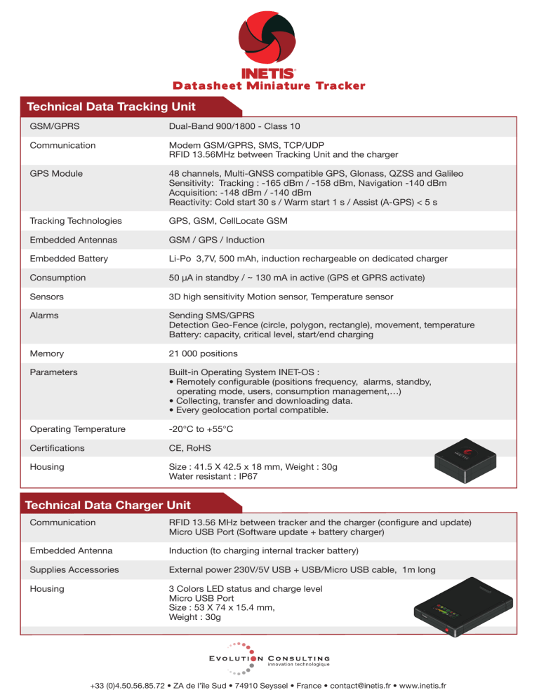 Technical Data Tracking Unit Technical Data Charger Unit Technical Data Tracking Unit Technical Data Charger Unit