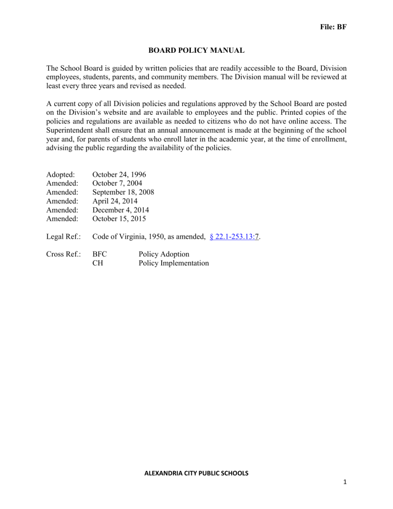 BF - Board Policy Manual - Alexandria City Public Schools BF - Board Policy Manual - Alexandria City Public Schools