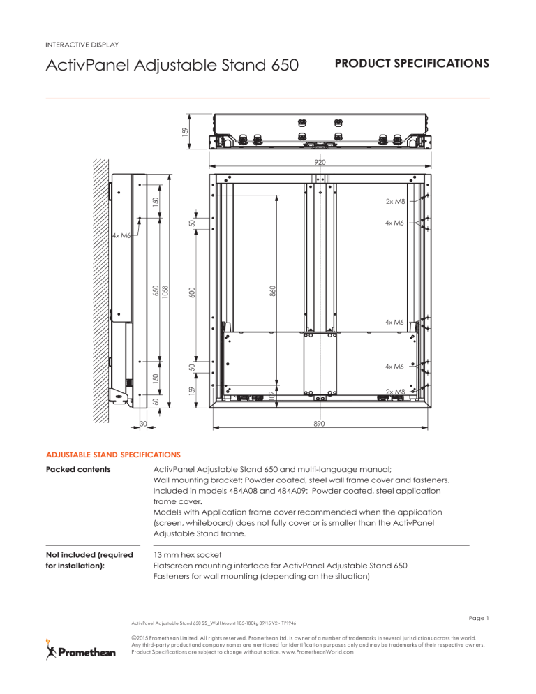 ActivPanel Adjustable Stand 650 Specification Sheet Wall Mount ActivPanel Adjustable Stand 650 Specification Sheet Wall Mount