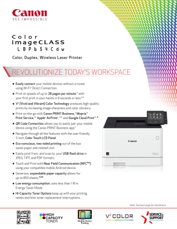 Canon Color imageCLASS LBP654Cdw Spec Sheet Canon Color imageCLASS LBP654Cdw Spec Sheet