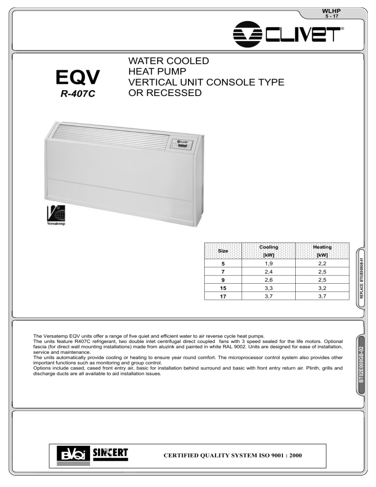 R-407C WATER COOLED HEAT PUMP VERTICAL UNIT CONSOLE R-407C WATER COOLED HEAT PUMP VERTICAL UNIT CONSOLE