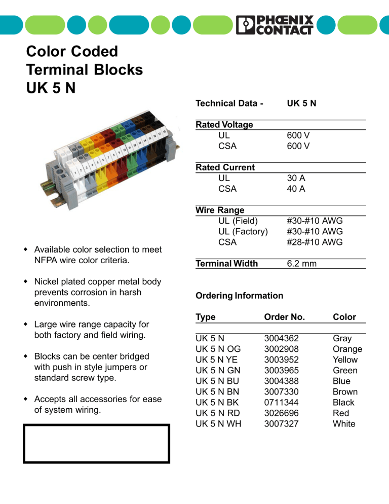 Color Coded Terminal Blocks UK 5 N Color Coded Terminal Blocks UK 5 N