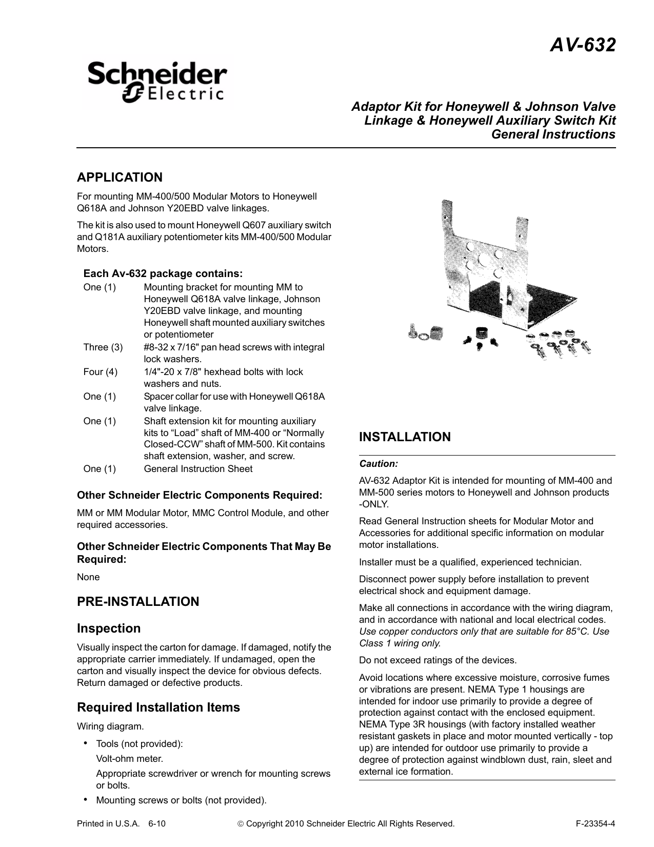 Schneider Electric AV-632 Adapter Kit F/Honeywell & Johnson Valve Link. & Honeywell Aux. Switch User Guide | Manualzz Schneider Electric AV-632 Adapter Kit F/Honeywell & Johnson Valve Link. & Honeywell Aux. Switch User Guide | Manualzz