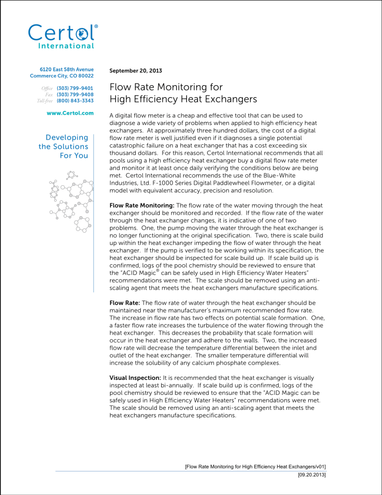 Flow Rate Monitoring for High Efficiency Heat Exchangers Flow Rate Monitoring for High Efficiency Heat Exchangers