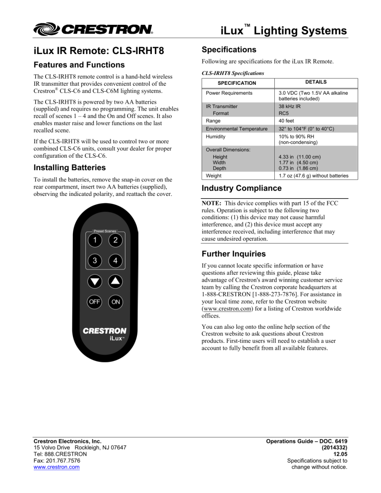 Crestron CLS-IRHT8 User manual Crestron CLS-IRHT8 User manual