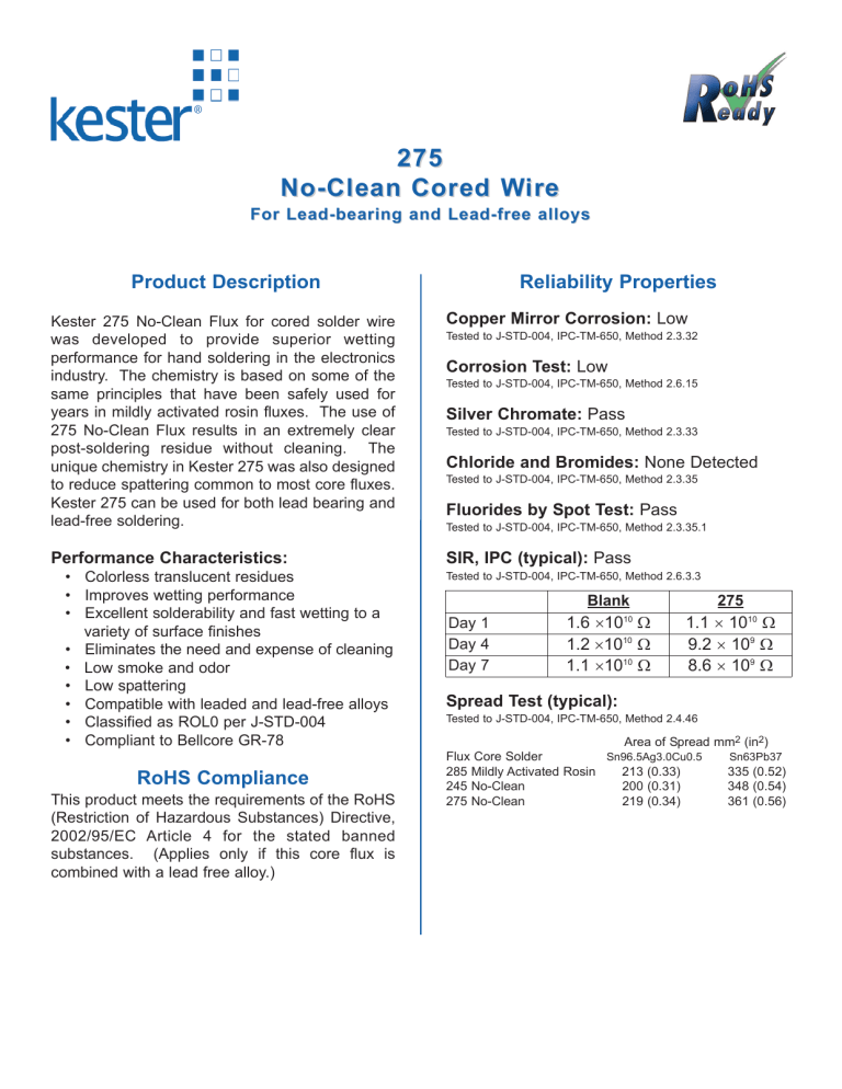 275 No-Clean Cored Wire 275 No-Clean Cored Wire