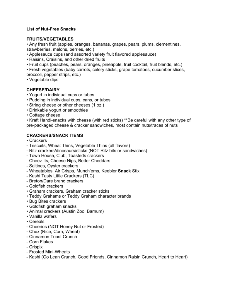 List of Nut-Free Snacks FRUITS/VEGETABLES • Any fresh fruit List of Nut-Free Snacks FRUITS/VEGETABLES • Any fresh fruit