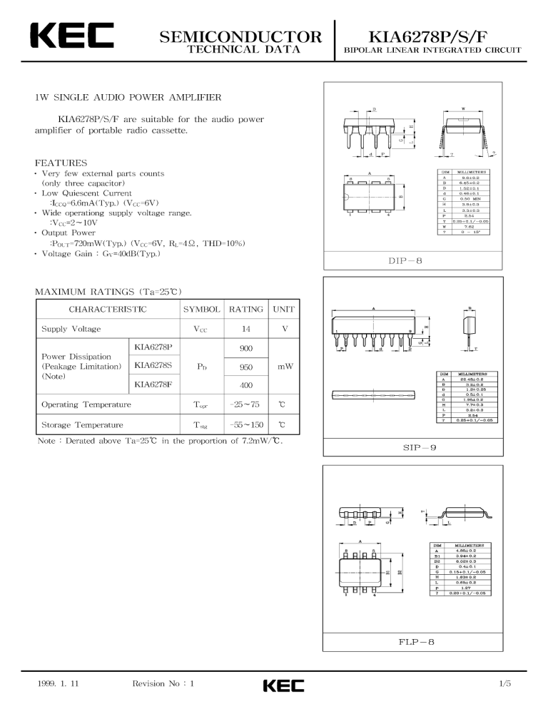 K E C SEMICONDUCTOR KIA6278P/S/F L r K E C SEMICONDUCTOR KIA6278P/S/F L r