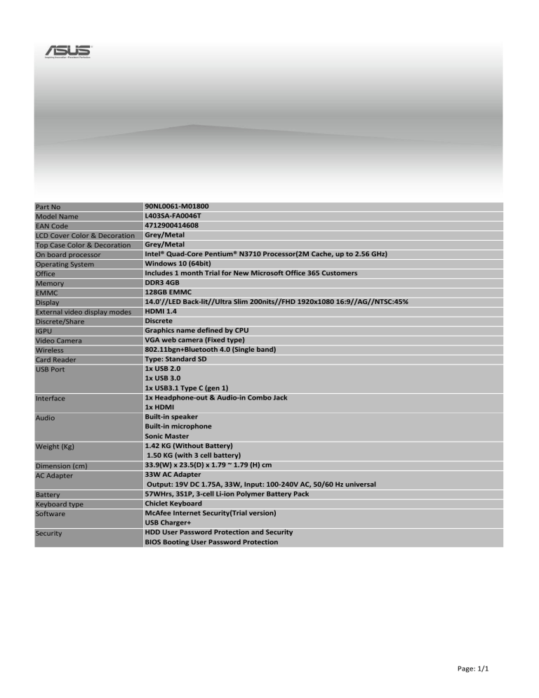 Part No 90NL0061-M01800 Model Name L403SA-FA0046T Part No 90NL0061-M01800 Model Name L403SA-FA0046T