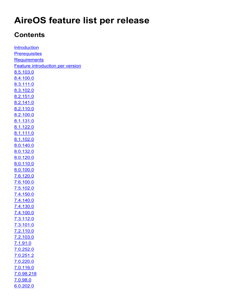 AireOS feature list per release AireOS feature list per release