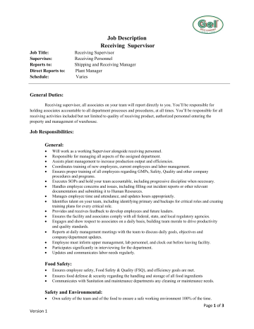 Job Description Receiving Supervisor Job Description Receiving Supervisor