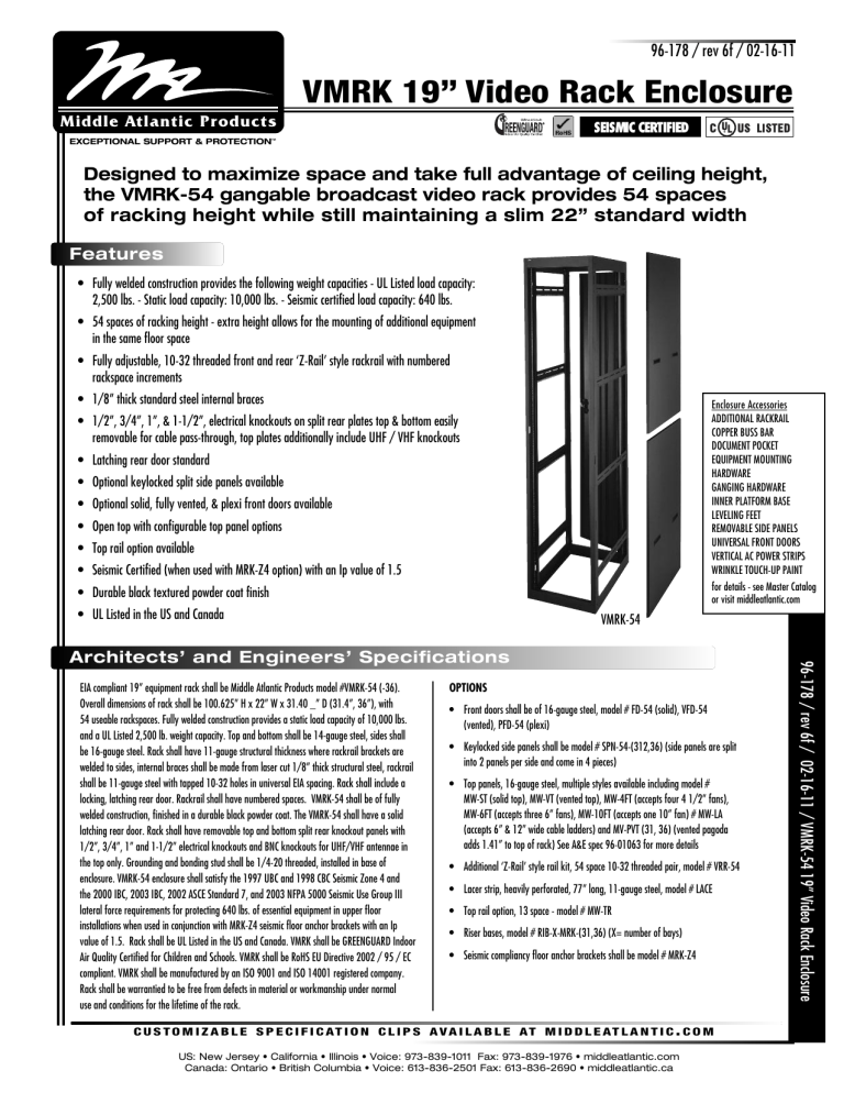 VMRK 19” Video Rack Enclosure VMRK 19” Video Rack Enclosure