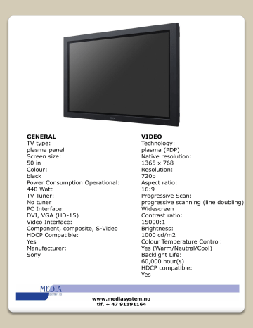 GENERAL TV type: plasma panel Screen size: 50 in Colour: black GENERAL TV type: plasma panel Screen size: 50 in Colour: black