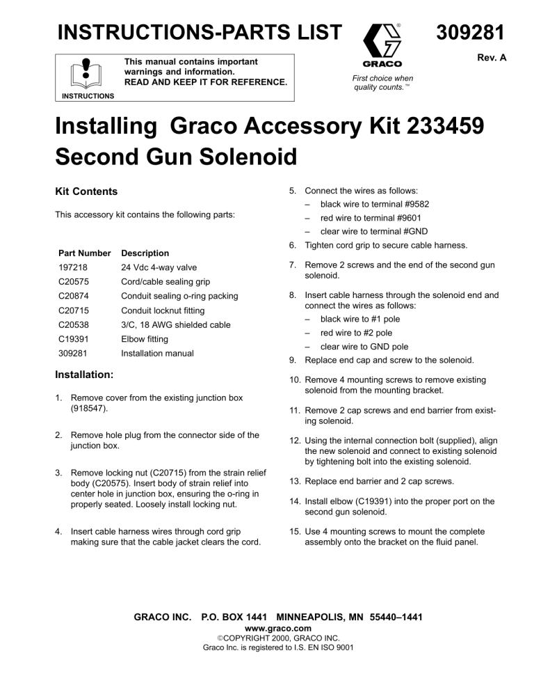 309281A Installing Graco Accessory Kit 233459 Second 309281A Installing Graco Accessory Kit 233459 Second