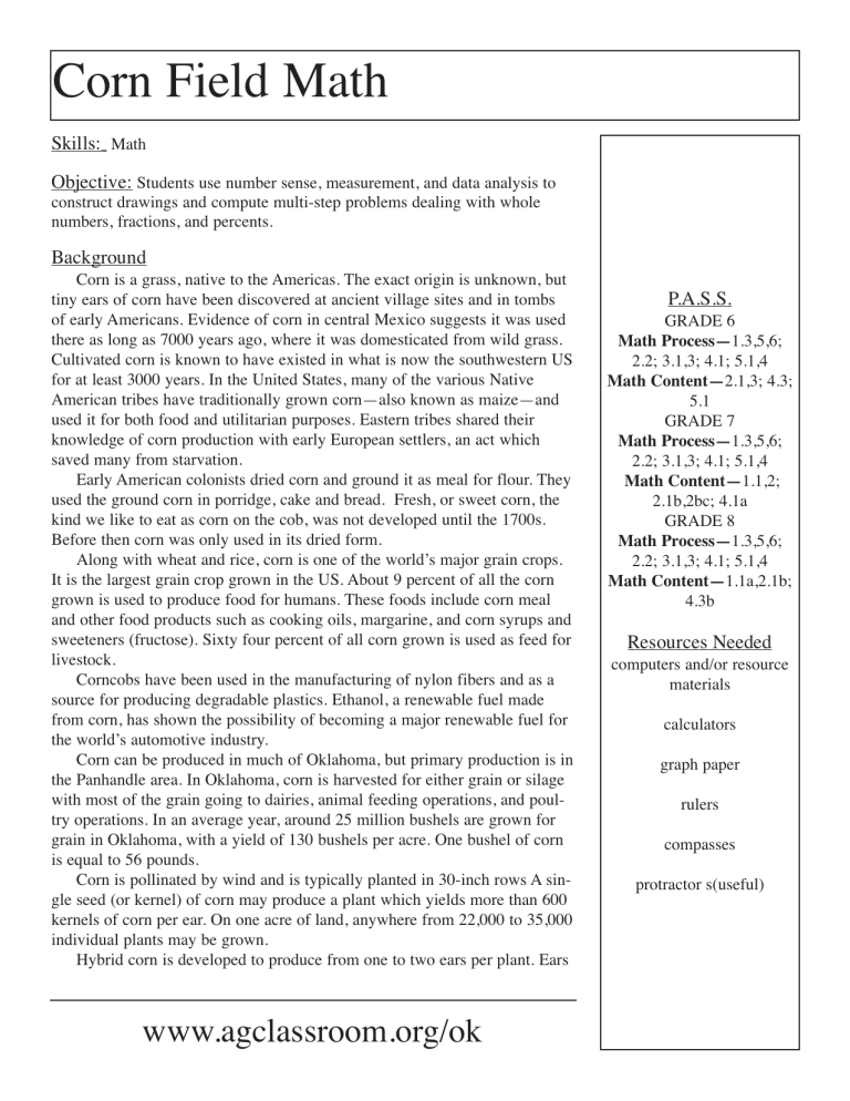 Corn Field Math - Maryland Department of Agriculture Corn Field Math - Maryland Department of Agriculture