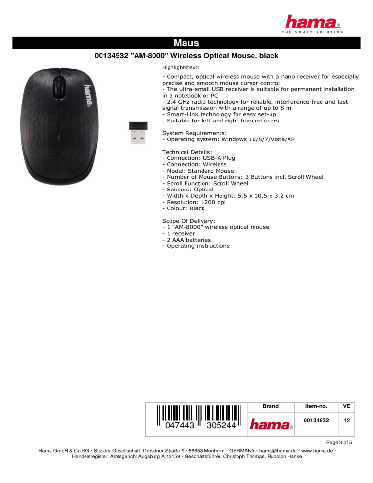 00134932 "AM-8000" Wireless Optical Mouse, black 00134932 "AM-8000" Wireless Optical Mouse, black