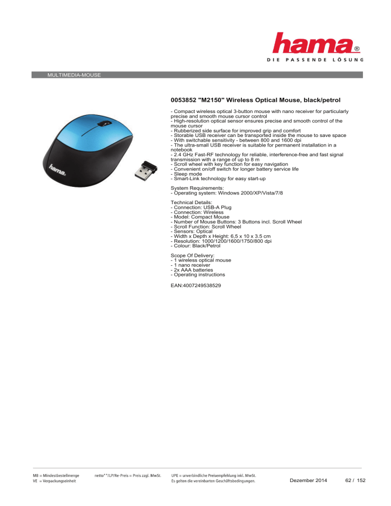 0053852 "M2150" Wireless Optical Mouse, black/petrol 0053852 "M2150" Wireless Optical Mouse, black/petrol