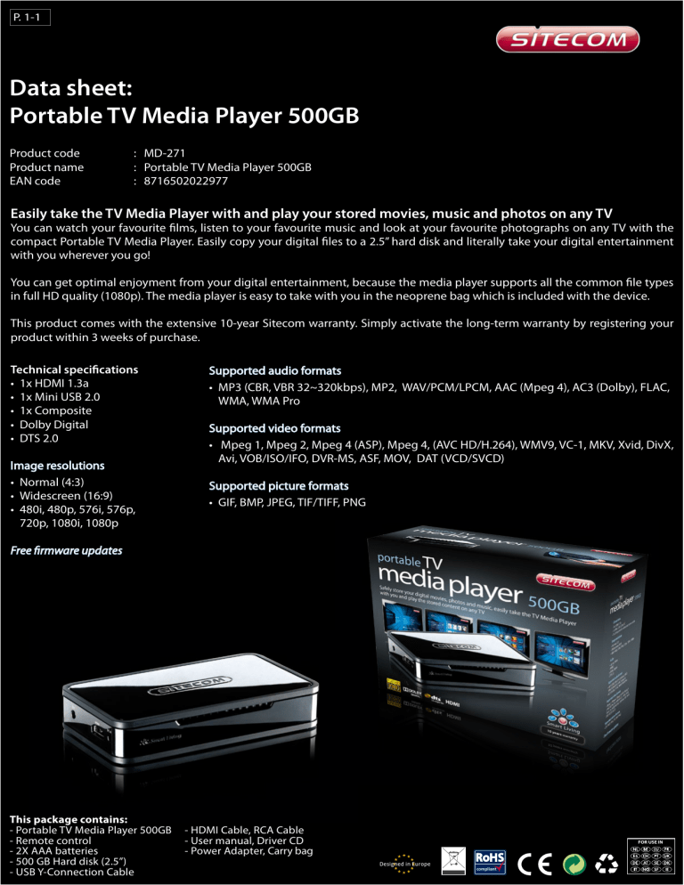 Data sheet: Portable TV Media Player 500GB Data sheet: Portable TV Media Player 500GB