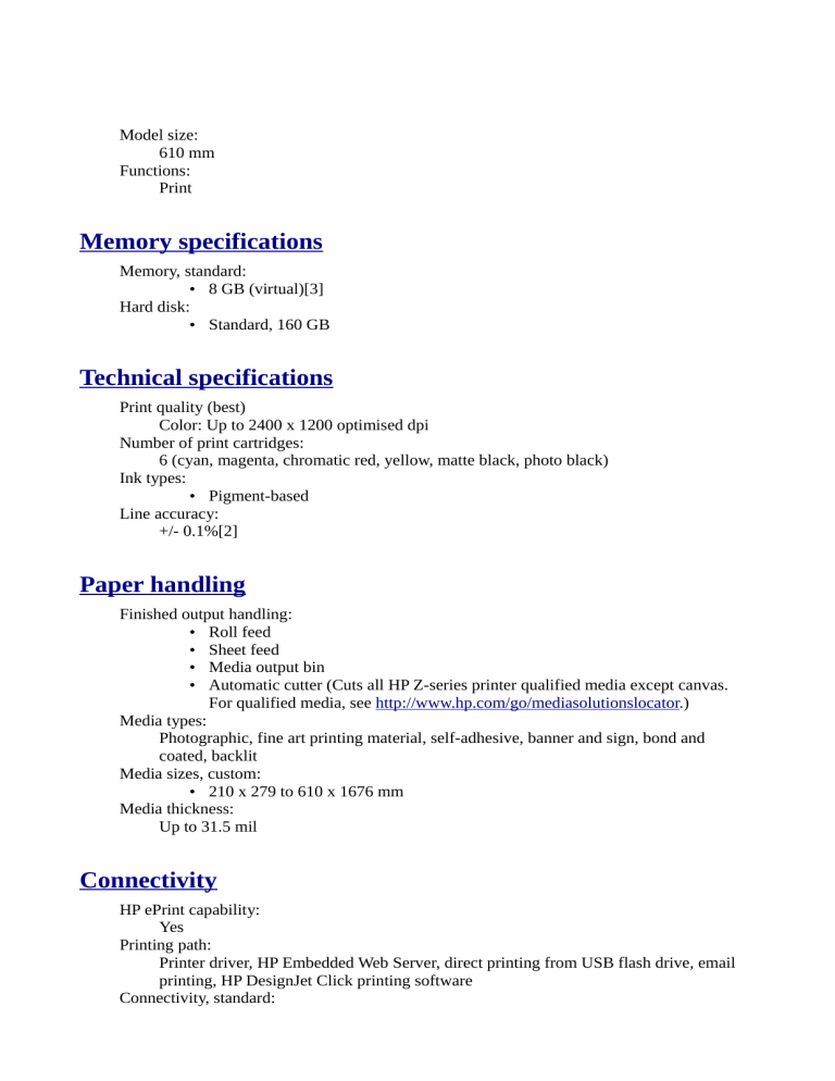 Memory specifications Technical specifications Paper handling Memory specifications Technical specifications Paper handling