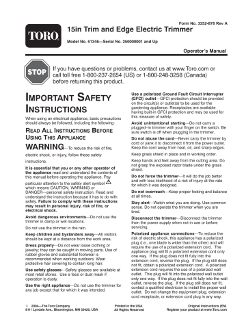 Toro 15in Trim and Edge Electric Trimmer User manual Toro 15in Trim and Edge Electric Trimmer User manual
