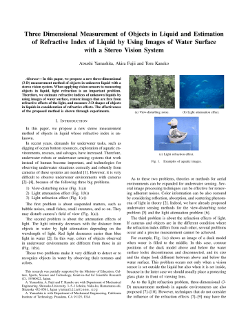 Three Dimensional Measurement of Objects in Liquid and Three Dimensional Measurement of Objects in Liquid and