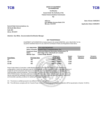 FCC - OET TCB Form 731 Grant of Equipment FCC - OET TCB Form 731 Grant of Equipment