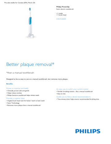 Product Leaflet: 1 mode 1 brush head Sonic electric toothbrush Product Leaflet: 1 mode 1 brush head Sonic electric toothbrush