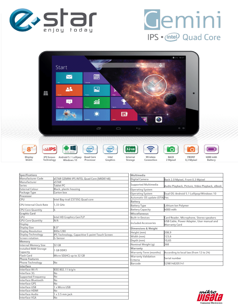 Specifications Manufacturer Code eSTAR GEMINI IPS INTEL Quad Specifications Manufacturer Code eSTAR GEMINI IPS INTEL Quad