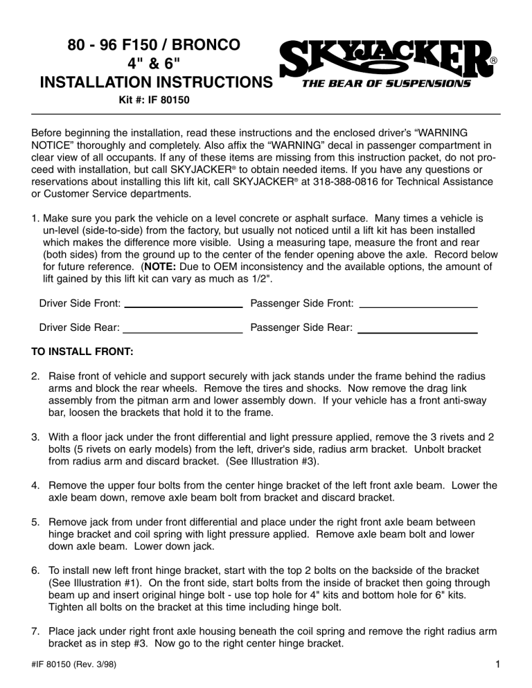 Skyjacker 184BK Suspension Lift Kit Installation Instructions Skyjacker 184BK Suspension Lift Kit Installation Instructions