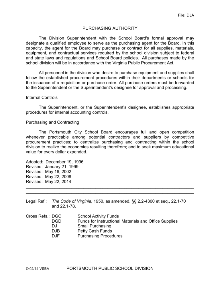 PORTSMOUTH PUBLIC SCHOOL DIVISION PURCHASING PORTSMOUTH PUBLIC SCHOOL DIVISION PURCHASING