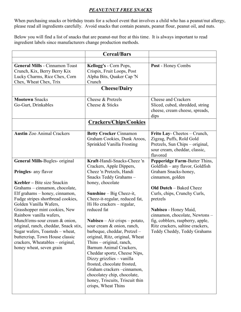 peanut/nut free snacks - Littleton Public Schools peanut/nut free snacks - Littleton Public Schools