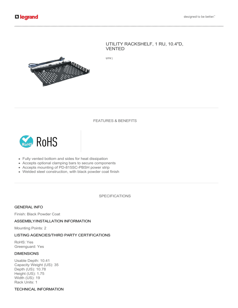 utility rackshelf, 1 ru, 10.4"d, vented utility rackshelf, 1 ru, 10.4"d, vented