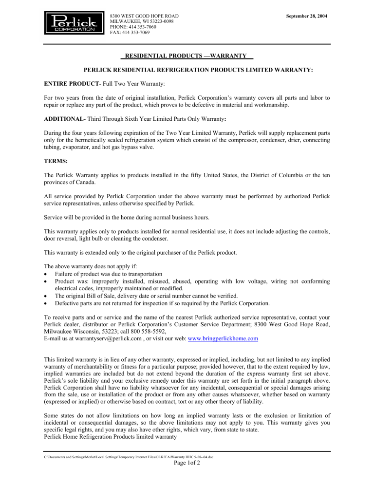 Page 1of 2 RESIDENTIAL PRODUCTS —WARRANTY PERLICK Page 1of 2 RESIDENTIAL PRODUCTS —WARRANTY PERLICK
