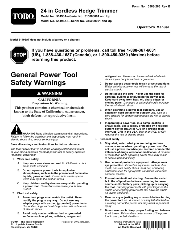 Toro 24in Cordless Hedge Trimmer User manual Toro 24in Cordless Hedge Trimmer User manual