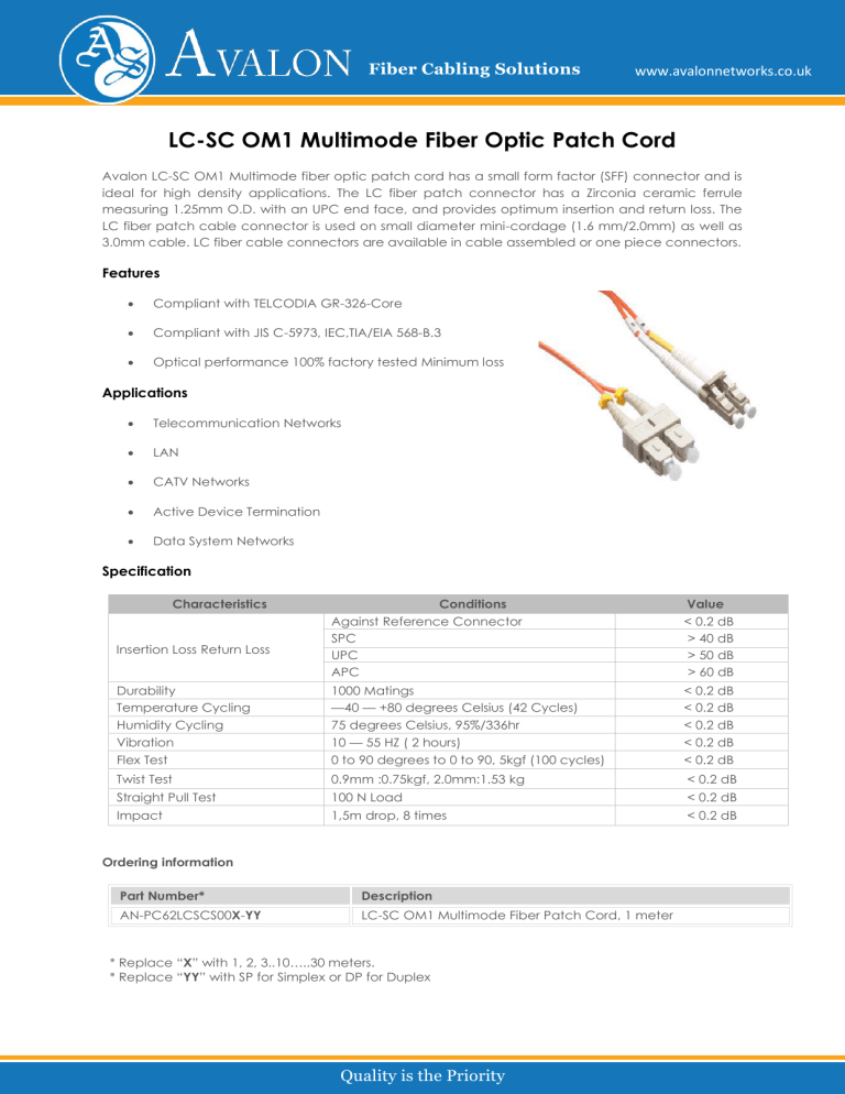 LC-SC OM1 Multimode Fiber Optic Patch Cord LC-SC OM1 Multimode Fiber Optic Patch Cord