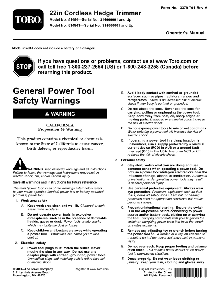 Toro 22in Cordless Hedge Trimmer User manual Toro 22in Cordless Hedge Trimmer User manual