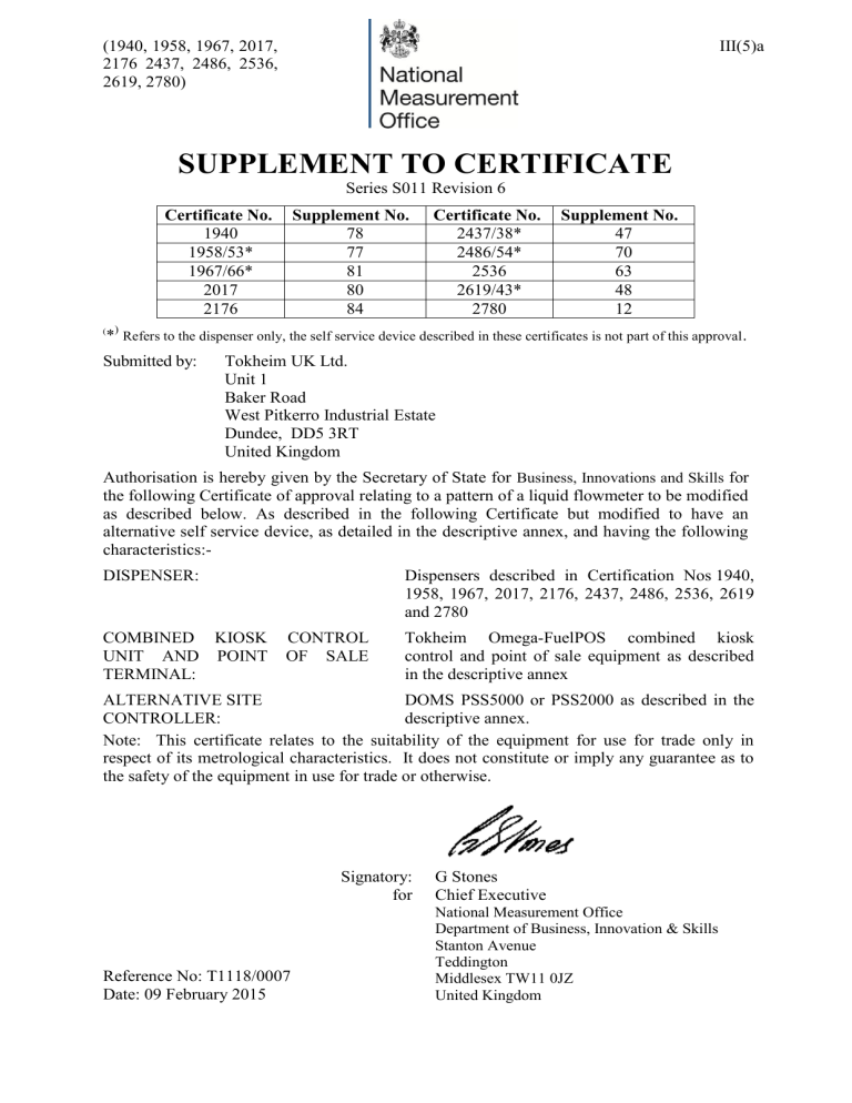 UK/S011: Tokheim UK Ltd., revision 6 UK/S011: Tokheim UK Ltd., revision 6