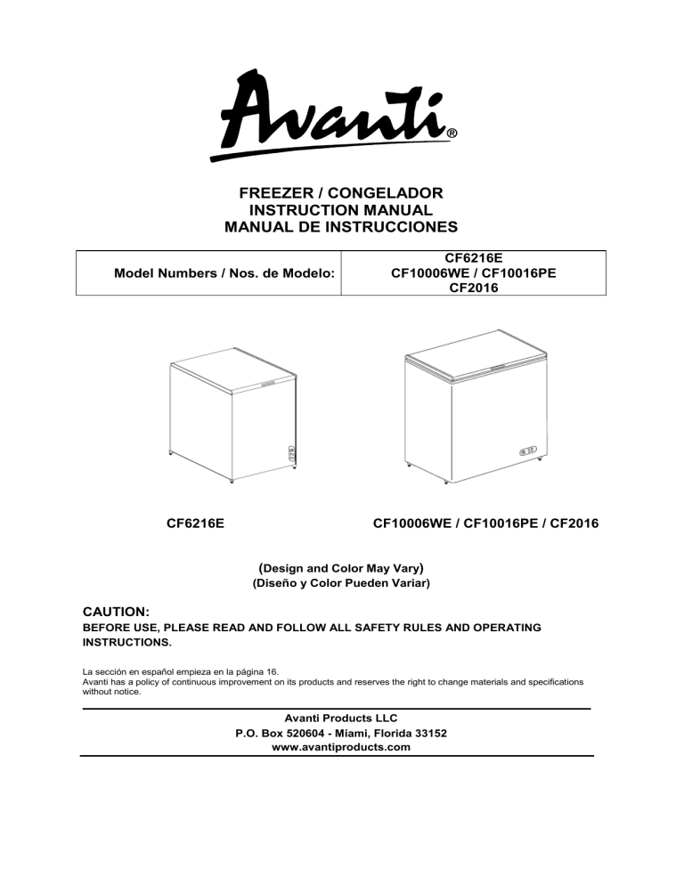 freezer / congelador instruction manual manual de instrucciones freezer / congelador instruction manual manual de instrucciones
