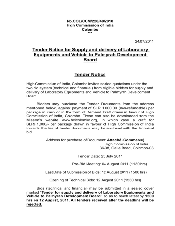 Tender Notice for Supply and delivery of Laboratory Equipments Tender Notice for Supply and delivery of Laboratory Equipments
