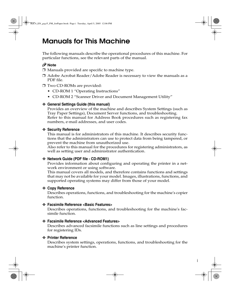 Manuals for This Machine Manuals for This Machine