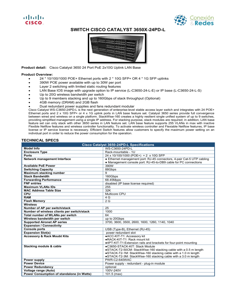 switch cisco catalyst 3650x-24pd-l switch cisco catalyst 3650x-24pd-l
