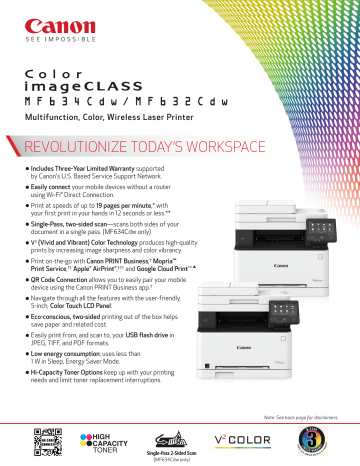 Canon Color imageCLASS MF634Cdw/MF632Cdw Spec Sheet Canon Color imageCLASS MF634Cdw/MF632Cdw Spec Sheet