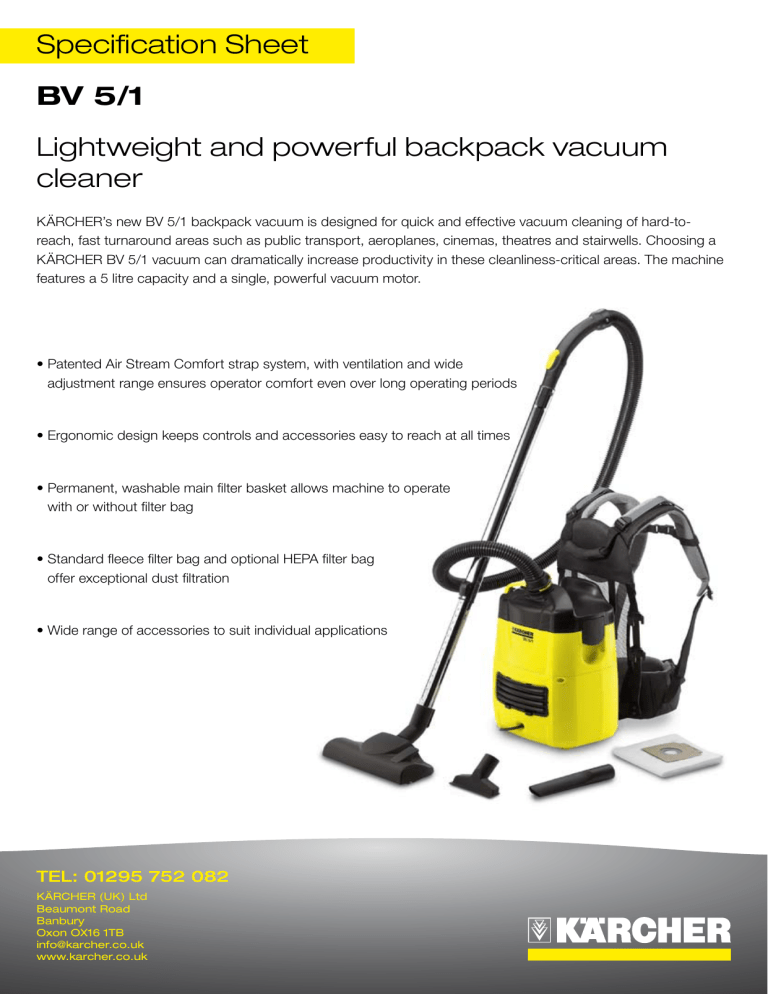 Specification Sheet BV 5/1 Lightweight and powerful backpack Specification Sheet BV 5/1 Lightweight and powerful backpack